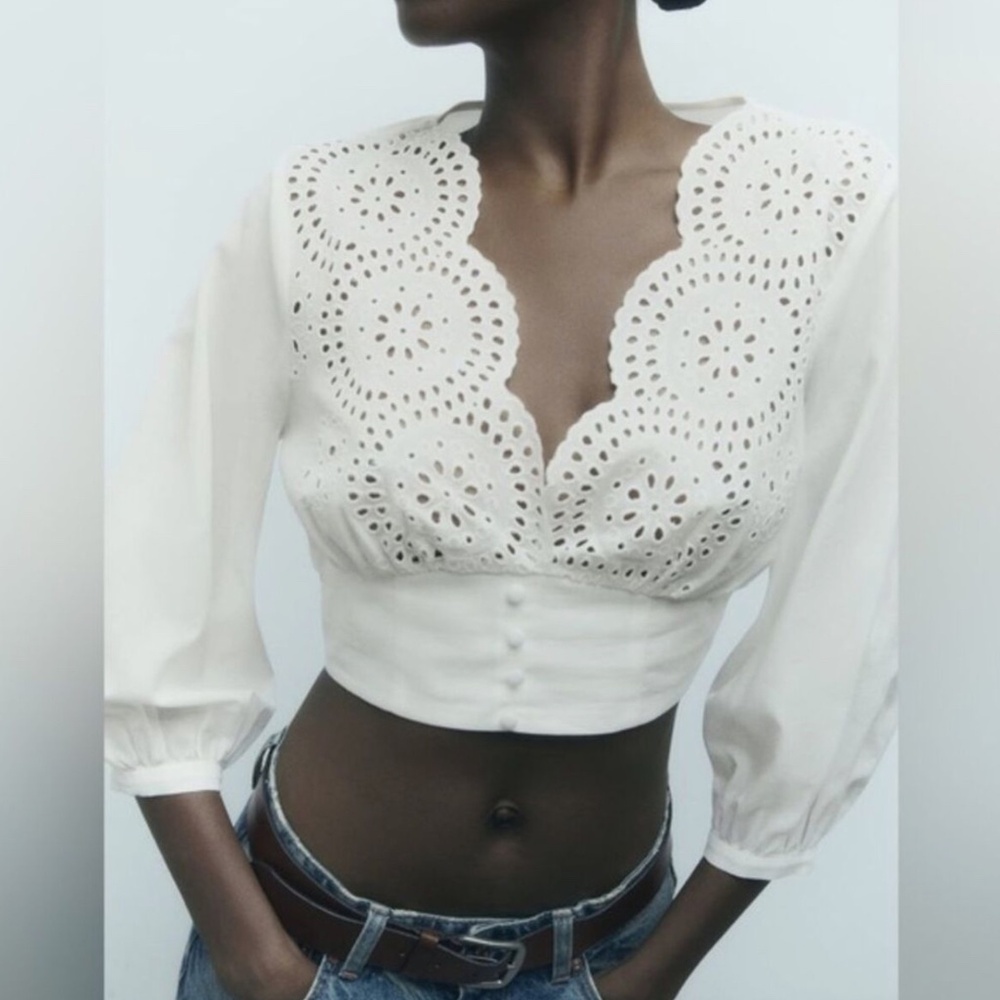Cropped top with open work embroidery
